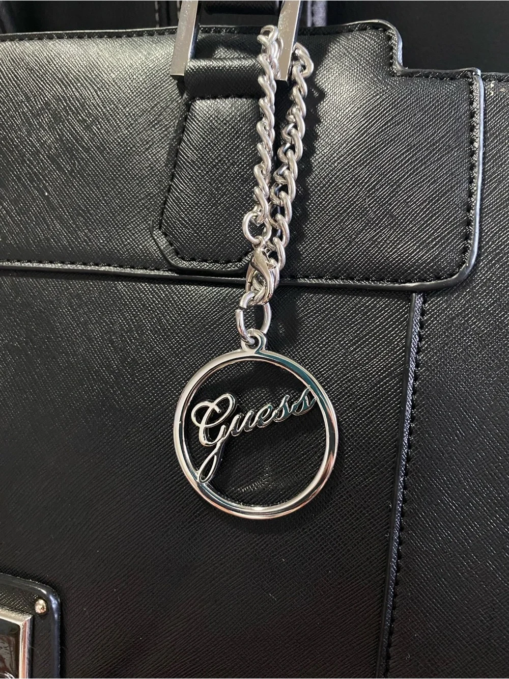 Guess Black Saffiano Tote Bag with Logo Charm